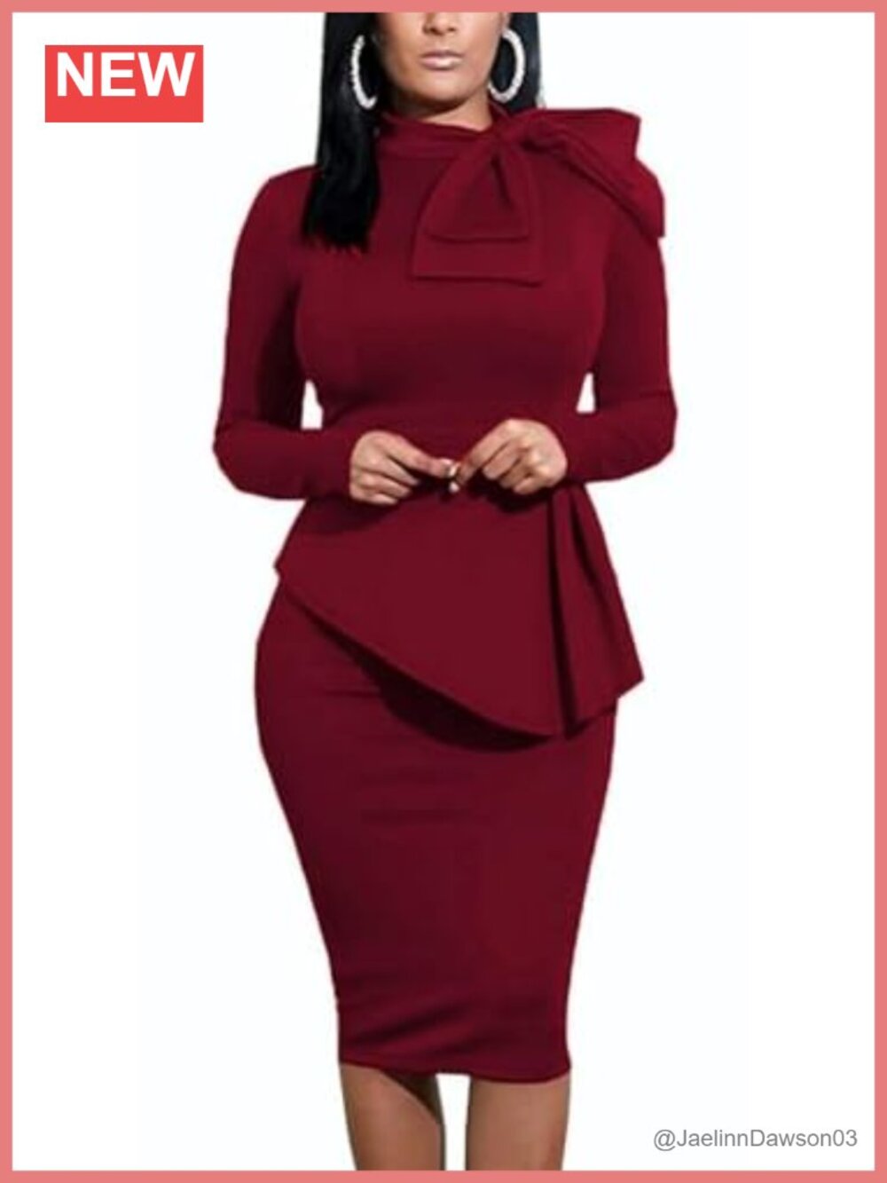 Elegant Bow Neck Long Sleeve Peplum Bodycon Midi Dress Cocktail